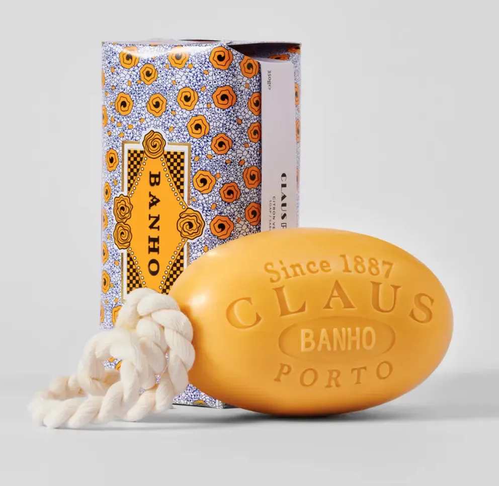 Claus Porto Banho soap on a rope with its patterned box