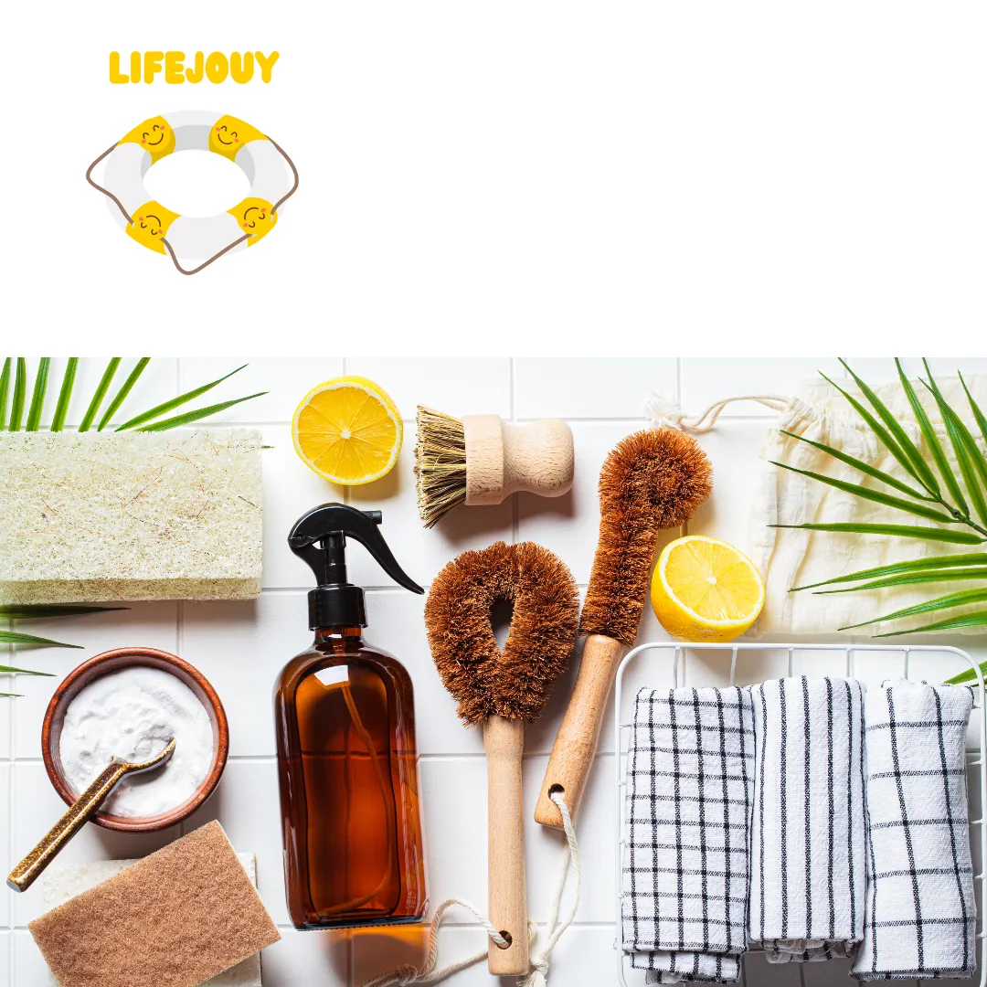 Natural cleaning things laid out: soda, wooden brushes, lemons, a spray bottle and tea towels