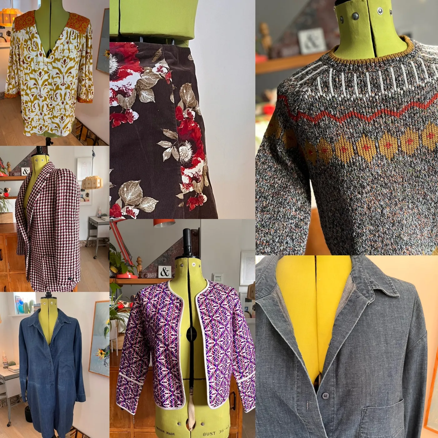 A collage of preloved jumpers, jackets and dresses
